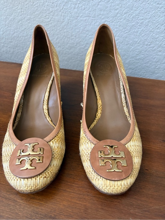 Tory Burch Shoes - Tory Burch Natural Raffia and Brown Logo Wedge shoes